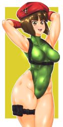 Rule 34 | 1girl, absurdres, arms up, bare legs, bare shoulders, bob cut, border, brown eyes, brown hair, cammy white (cosplay), cosplay, curvy, fingerless gloves, gloves, green leotard, hat, highleg, highleg leotard, highres, leotard, lips, omiiverse, open mouth, ranma 1/2, shiny skin, short hair, simple background, smile, solo, standing, street fighter, street fighter v, swimsuit, tendou nabiki, white background, white border, wide hips