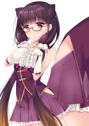 Rule 34 | 1girl, animal ears, bare shoulders, black-framed eyewear, blunt bangs, blush, breasts, brown hair, center frills, commentary request, cowboy shot, detached sleeves, fate/grand order, fate (series), frilled skirt, frills, glasses, gradient hair, hair bobbles, hair ornament, head tilt, highres, ko yu, long hair, long sleeves, looking at viewer, low twintails, medium breasts, multicolored hair, multiple views, osakabehime (fate), parted lips, pleated skirt, purple eyes, purple hair, purple skirt, semi-rimless eyewear, shirt, simple background, skirt, sleeveless, sleeveless shirt, sleeves past wrists, sweat, twintails, under-rim eyewear, underbust, very long hair, white background, white shirt