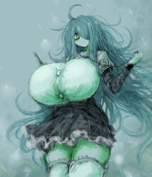 Rule 34 | 1girl, 2b-ge, ahoge, bags under eyes, black skirt, blush, breasts, earphones, expressionless, female focus, green theme, grey background, holding, holding phone, huge breasts, limited palette, long hair, looking at viewer, mei (2b-ge), messy hair, original, phone, school uniform, shirt, skirt, solo, spot color, standing, thick thighs, thighs, white shirt