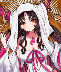 Rule 34 | 1girl, bare shoulders, black hair, blush, breasts, chest tattoo, cleavage, collarbone, colored inner hair, dress, facial mark, fate/extra, fate/extra ccc, fate (series), forehead mark, horns, izumi minami, large breasts, long hair, long sleeves, looking at viewer, multicolored hair, parted bangs, pink hair, sessyoin kiara, sideboob, smile, solo, tattoo, veil, very long hair, wavy hair, white dress, wide sleeves, yellow eyes