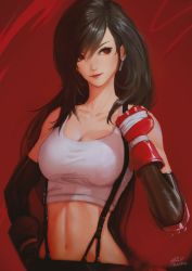 Rule 34 | 1girl, bad id, bad tumblr id, black hair, breasts, cleavage, earrings, elbow gloves, elbow pads, final fantasy, final fantasy vii, gloves, highres, jewelry, large breasts, long hair, low-tied long hair, midriff, raikoart, red eyes, shirt, simple background, skirt, solo, standing, suspender skirt, suspenders, tank top, taut clothes, taut shirt, tifa lockhart