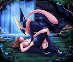 Rule 34 | 1boy, 1girl, absurdres, artist name, ass, barefoot, bestiality, blush, breasts, brown hair, closed eyes, creatures (company), crossed legs, cum, cum in pussy, donutella, erection, from side, game freak, gen 6 pokemon, grass, greninja, hetero, highres, interspecies, kneeling, legs up, long hair, long tongue, lying, medium breasts, moss, night, nintendo, nipples, nude, on back, open mouth, original, outdoors, penis, pokemon, pokemon (creature), pokephilia, pussy, sex, tongue, tongue out, tree, uncensored, vaginal, veins, veiny penis, water, waterfall
