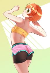 Rule 34 | 1girl, arms up, ass, back, bandeau, bare shoulders, bike shorts, breasts, cowboy shot, from behind, green background, green eyes, highres, hoshizora rin, layered clothes, looking at viewer, looking back, love live!, love live! school idol festival, love live! school idol project, melonyogurt, midriff, orange hair, profile, short hair, short shorts, shorts, sideways glance, simple background, small breasts, smile, solo, sportswear, strapless, tube top, yellow eyes