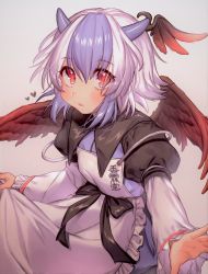 Rule 34 | 1girl, apron, black bow, blue dress, blue hair, blush, bow, clothes writing, commentary request, dress, feathered wings, frilled apron, frills, gradient background, grey background, hair between eyes, head wings, heart, highres, horns, juliet sleeves, long sleeves, looking at viewer, masanaga (tsukasa), multicolored hair, parted lips, puffy sleeves, red eyes, short hair, silver hair, solo, streaked hair, tokiko (touhou), touhou, translation request, upper body, white apron, wings