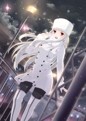 Rule 34 | 1girl, black pantyhose, boots, fate/stay night, fate/zero, fate (series), fur-trimmed collar, fur hat, fur trim, hat, irisviel von einzbern, long hair, open mouth, outdoors, pantyhose, red eyes, sevendayswar, snow, solo, thigh boots, thighhighs, white footwear, white hair
