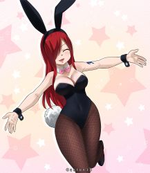 Rule 34 | 1girl, animal ears, breasts, rabbit ears, rabbit tail, playboy bunny, cleavage, erza scarlet, fairy tail, fake animal ears, fishnets, gaston18, highres, large breasts, long hair, pantyhose, red hair, smile, tagme, tail