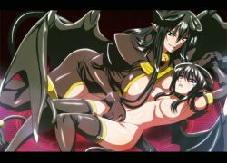Rule 34 | 2girls, bdsm, black hair, breasts, clothed female nude female, collar, demon, demon girl, demon horns, demon wings, elbow gloves, female focus, femdom, gloves, green eyes, highres, horns, isse, large breasts, letterboxed, long hair, looking at viewer, magic circle, medium breasts, multiple girls, nude, open mouth, pointy ears, purple eyes, smile, tappa (esperanza), thighhighs, wings, yuri