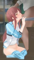 Rule 34 | 1boy, 1girl, animated, blush, breasts, clothed sex, clothes pull, cum, cum on hair, facial, fellatio, gym uniform, hand on another&#039;s head, hetero, idolmaster, idolmaster shiny colors, indoors, large breasts, long hair, oral, osaki tenka, pants, pants pull, penis, sitting, solo focus, tagme, video, wariza
