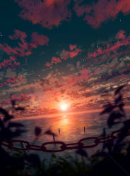 Rule 34 | blurry, blurry foreground, bush, chain, cloud, commentary request, dusk, gradient sky, green sky, highres, lens flare, no humans, ocean, orange sky, original, pink clouds, red clouds, scenery, shuu illust, sky, sun, sunset