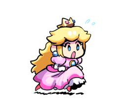 Rule 34 | 1girl, black sclera, blonde hair, blue eyes, brooch, chibi, colored sclera, crown, dreaminerryday, dress, earrings, elbow gloves, full body, gloves, jewelry, long dress, long hair, mario (series), nintendo, open mouth, pink dress, pink footwear, princess, princess peach, puffy short sleeves, puffy sleeves, running, shadow, short sleeves, simple background, skirt hold, solid eyes, solo, super mario bros. 1, sweatdrop, very long hair, white gloves