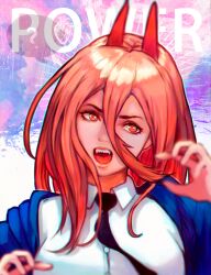 Rule 34 | 1girl, black necktie, blue jacket, brown hair, chainsaw man, character name, claw pose, collared shirt, cross-shaped pupils, hair between eyes, highres, horns, hymin, jacket, long hair, looking at viewer, necktie, open mouth, orange eyes, power (chainsaw man), red horns, sharp teeth, shirt, solo, symbol-shaped pupils, teeth, white shirt