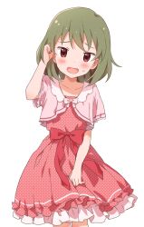 Rule 34 | 1girl, absurdres, blush, bow, breasts, buchi (y0u0ri ), collarbone, cowboy shot, dot nose, dress, dress bow, frilled dress, frills, green hair, hand in own hair, highres, idolmaster, idolmaster million live!, idolmaster million live! theater days, looking at viewer, nagayoshi subaru, open mouth, polka dot, polka dot dress, purple eyes, red bow, red eyes, red ribbon, ribbon, short hair, short sleeves, shy, simple background, small breasts, smile, solo, standing, sweatdrop, two-tone dress, white background