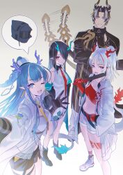Rule 34 | 1boy, 3girls, arknights, bare shoulders, black coat, black gloves, black hair, black shorts, blue eyes, blue hair, breasts, chong yue (arknights), closed eyes, closed mouth, coat, doctor (arknights), dragon boy, dragon girl, dragon horns, dragon tail, dress, dusk (arknights), earrings, fiery tail, flame-tipped tail, gloves, green horns, hair over one eye, highres, horns, imone illust, jewelry, ling (arknights), long hair, long tail, looking at viewer, medium breasts, multicolored hair, multiple girls, necktie, nian (arknights), one eye closed, open clothes, open mouth, pants, pointy ears, purple eyes, red eyes, red necktie, shorts, smile, streaked hair, tail, very long hair, white dress, white hair, white pants, white shorts, yellow necktie