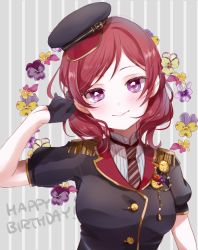 Rule 34 | 1girl, 299 (horisso), absurdres, black gloves, black neckwear, commentary request, epaulettes, flower, gloves, grey background, half gloves, happy birthday, hat, highres, jewelry, looking at viewer, love live!, love live! school idol festival, love live! school idol project, nishikino maki, purple eyes, red hair, short hair, short sleeves, smile, solo, striped background, striped neckwear, tucking hair, upper body, vertical stripes
