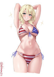 Rule 34 | 1girl, american flag, american flag bikini, american flag print, armpits, arms behind head, arms up, artist name, bikini, blonde hair, braid, breasts, colorado (kancolle), commentary request, cowboy shot, crown braid, ebifurya, flag print, front-tie bikini top, front-tie top, highres, kantai collection, large breasts, looking at viewer, navel, one-hour drawing challenge, print bikini, short hair, side-tie bikini bottom, simple background, skindentation, smile, solo, sparkle, stomach, swimsuit, twitter username, white background