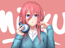 Rule 34 | 1girl, bad id, bad pixiv id, blue cardigan, blue eyes, breasts, cardigan, character name, fensky, go-toubun no hanayome, hair between eyes, hand on headphones, headphones, headphones around neck, highres, long sleeves, looking at viewer, medium hair, nakano miku, open mouth, pink hair, shirt, simple background, solo, upper body, white shirt