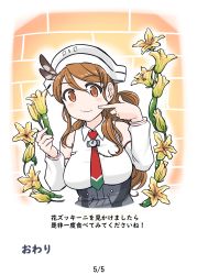 Rule 34 | 1girl, breasts, brown eyes, brown hair, cheek poking, closed mouth, detached sleeves, feathers, flower, food, hair between eyes, headdress, highres, holding, kantai collection, large breasts, littorio (kancolle), long hair, poking, ponytail, seiran (mousouchiku), solo, translation request, upper body, vegetable, zucchini (vegetable)