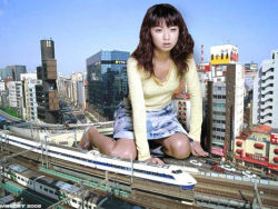 Rule 34 | 1girl, arm support, artist request, asian, breasts, building, city, day, giant, giantess, kneeling, long hair, miniskirt, no socks, outdoors, parted lips, photo (medium), railroad tracks, road, shinkansen, sitting, skirt, small breasts, solo, street, tagme, train, wariza