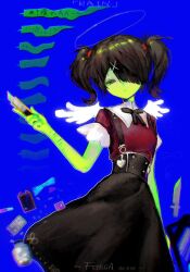 Rule 34 | 1girl, ame-chan (needy girl overdose), black eyes, black hair, black ribbon, black skirt, blue background, boxcutter, collar, collared shirt, colored skin, cowboy shot, drugs, fossa (aui-lwx), green skin, hair ornament, hair over one eye, hair tie, hairclip, halo, highres, holding, holding boxcutter, jirai kei, knife, looking at viewer, lsd, medicine bottle, neck ribbon, needy girl overdose, pill, pill bottle, red shirt, ribbon, self-harm, shirt, shirt tucked in, skirt, solo, standing, suspender skirt, suspenders, twintails, white collar, white wings, wings, wrist cutting, x hair ornament
