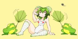 Rule 34 | 1girl, 2others, arm support, artist logo, borrowed character, bun cover, closed eyes, commentary, covered navel, double bun, english commentary, frog, full body, green hair, green socks, hair bun, hand fan, highres, holding, holding fan, horizontal-striped socks, multiple others, one-piece swimsuit, open mouth, original, qtip xd, sitting, socks, swimsuit, two-tone socks, white one-piece swimsuit, white socks, yellow background
