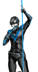 Rule 34 | 1boy, artist request, batman (series), belt, black hair, bodysuit, dc comics, dick grayson, domino mask, gloves, highres, male focus, mask, nightwing, one eye closed, paint, simple background, solo, spot color, standing, white background
