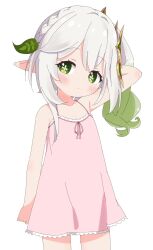 Rule 34 | 1girl, arm up, azbchan1221, bare arms, blush, braid, camisole, collarbone, cross-shaped pupils, dress, frilled camisole, frills, genshin impact, gradient hair, green eyes, green hair, hair ornament, highres, leaf hair ornament, long hair, looking at viewer, multicolored hair, nahida (genshin impact), pink camisole, pointy ears, side braid, side ponytail, simple background, solo, spaghetti strap, symbol-shaped pupils, white background, white hair