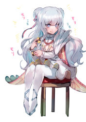 Rule 34 | + +, 1girl, :t, azur lane, ballet slippers, blue eyes, blush, breasts, chair, character cutout, chewing, clothing cutout, commentary request, cookie, double bun, eating, food, hair bun, hair ribbon, happy, high collar, holding, holding food, le malin (azur lane), long hair, long sleeves, moji (mojimozis), pantyhose, ribbon, sidelocks, silver hair, simple background, sitting, skirt, solo, sweets, symbol-shaped pupils, underboob, underboob cutout, wavy hair, white background, white pantyhose, white skirt