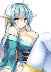 Rule 34 | 1girl, arm support, blue hair, blush, breasts, cleavage, closed mouth, dragon horns, fate/grand order, fate (series), from side, hair ornament, horns, japanese clothes, kimono, kiyohime (fate), knees up, large breasts, long hair, long sleeves, looking to the side, obi, off shoulder, ryokushiki (midori-ya), sash, sidelocks, sitting, smile, solo, thighhighs, white thighhighs, wide sleeves, yellow eyes