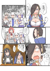 Rule 34 | ark royal (azur lane), ark royal (kancolle), azur lane, bendy straw, black gloves, black hair, blue eyes, blunt bangs, bob cut, bulldog (azur lane), cape, cleavage cutout, clothing cutout, comic, commentary request, corset, crossover, cup, cygnet (azur lane), drinking glass, drinking straw, elbow gloves, fortune (azur lane), garter straps, gloves, hair over one eye, hairband, halo, headgear, highres, historical name connection, jacket, kantai collection, long hair, long sleeves, mechanical halo, miniskirt, multiple girls, nagato (kancolle), name connection, overskirt, red eyes, red hair, red ribbon, ribbon, short hair, skirt, tiara, trait connection, translation request, tsurime, white hair