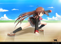 Rule 34 | 1girl, bow, brown hair, legs, little busters!, long hair, natsume rin, pink bow, plaid, plaid skirt, ponytail, red eyes, school uniform, skirt, solo, tai (2vs)