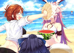Rule 34 | 1boy, 3girls, absurdres, animal ears, beach, bikini, black hair, breasts, brown hair, cake, captain (honkai impact), cleavage, commentary, commentary request, day, diaoxian kuangmo, dress shirt, food, food on face, fruit, grin, highres, honkai (series), honkai impact 3rd, in the face, large breasts, long hair, medium breasts, multiple girls, murata himeko, ornament, pie, pie in face, pink hair, raiden mei, red hair, sand, shirt, smile, swimsuit, water, watermelon, yae sakura