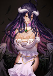 Rule 34 | 1girl, aaeru, ahoge, albedo (overlord), bare shoulders, black background, black feathers, black hair, black wings, blush, breast hold, breasts, cleavage, commentary request, cowboy shot, crossed arms, dark background, demon girl, demon horns, dress, elbow gloves, eyelashes, falling feathers, feathered wings, feathers, female focus, gem, gloves, grabbing own breast, green gemstone, hair between eyes, highres, hip vent, horns, jewelry, large breasts, long hair, looking at viewer, low wings, mafuyu (867208837), multicolored hair, off-shoulder dress, off shoulder, overlord (maruyama), parted lips, pink hair, simple background, slit pupils, smile, solo, standing, straight hair, tongue, tsurime, turtleneck, two-tone hair, very long hair, white dress, white gloves, wings, yellow eyes