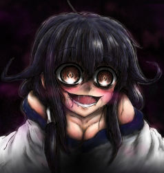Rule 34 | 10s, 1girl, :d, ahoge, black hair, blush, breasts, brown eyes, cleavage, collarbone, constricted pupils, creepy, drooling, evil smile, eyebrows, hair between eyes, hair tubes, horror (theme), kantai collection, long hair, medium breasts, off shoulder, ooguchiboya, open mouth, ryuuhou (kancolle), saliva, smile, solo, sweat, taigei (kancolle), upper body, yandere