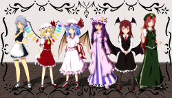 Rule 34 | 6+girls, absurdres, apron, ascot, bat wings, beret, blonde hair, blue eyes, blue hair, blue ribbon, blush, bow, braid, chinese clothes, collar, commentary request, crescent, crystal, dress, flandre scarlet, frilled collar, frilled skirt, frills, full body, hair bow, hair ribbon, hat, hat ribbon, head wings, highres, holding, hong meiling, izayoi sakuya, koakuma, long hair, long sleeves, looking at viewer, maid headdress, mob cap, multiple girls, neck ribbon, necktie, nogisaka kushio, open mouth, pants, pantyhose, parted bangs, patchouli knowledge, pocket watch, puffy short sleeves, puffy sleeves, purple eyes, purple hair, red eyes, red hair, red necktie, red ribbon, remilia scarlet, ribbon, shoes, short hair, short sleeves, silver hair, skirt, smile, socks, star (symbol), striped clothes, striped dress, tangzhuang, touhou, twin braids, vest, watch, wide sleeves, wing collar, wings, wrist cuffs