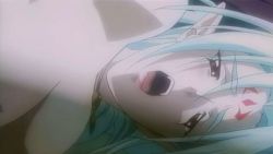 Rule 34 | animated, animated gif, aqua hair, blue hair, bouncing breasts, breasts, delta (words worth), demon girl, facial mark, forehead mark, large breasts, long hair, looking at viewer, open mouth, pointy ears, red eyes, screencap, demon girl, uncensored, white hair, words worth