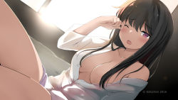 Rule 34 | 10s, 1girl, 2016, ;o, artist name, bad id, bad pixiv id, black hair, blush, breasts, buttons, cleavage, collarbone, collared shirt, dress shirt, dutch angle, highres, indoors, kaetzchen, large breasts, lens flare, long hair, long sleeves, looking at viewer, morning, naked shirt, no bra, off shoulder, on bed, one eye closed, original, purple eyes, rubbing eyes, shirt, sitting, solo, unbuttoned, unbuttoned shirt, window