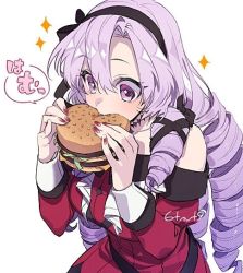 Rule 34 | 1girl, 6tnut9, breasts, burger, dress, drill hair, eating, food, hair between eyes, holding, holding food, hyakumantenbara salome, hyakumantenbara salome (1st costume), large breasts, long hair, long sleeves, looking at food, nail polish, nijisanji, purple eyes, purple hair, red dress, red nails, simple background, solo, sparkle, translation request, upper body, virtual youtuber, white background