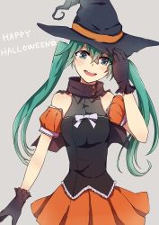 Rule 34 | 1girl, gloves, green eyes, green hair, halloween, hat, hatsune miku, head tilt, long hair, matching hair/eyes, open mouth, ringomaru, simple background, skirt, solo, twintails, vocaloid, witch hat