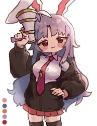 Rule 34 | 1girl, :3, animal ears, black jacket, black thighhighs, blush, breasts, carrot pin, closed mouth, collared shirt, color guide, cowboy shot, dated, finger on trigger, gun, hand on own hip, hand up, holding, holding gun, holding weapon, jacket, long hair, long sleeves, looking at viewer, medium breasts, miniskirt, necktie, partially unzipped, pleated skirt, purple hair, rabbit ears, rabbit girl, red eyes, red necktie, red skirt, reisen udongein inaba, shirt, signature, simple background, single off shoulder, skirt, solo, standing, thighhighs, touhou, warabe (be-san), watermark, weapon, white background, white shirt, zettai ryouiki