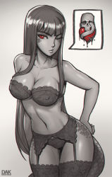 Rule 34 | 1girl, artist name, bare shoulders, borrowed character, bra, breasts, cleavage, collarbone, commentary, covered erect nipples, cowboy shot, garter belt, garter straps, genkai zero, gradient background, greyscale, hand on own hip, highres, lace, lace-trimmed legwear, lace trim, large breasts, lingerie, long hair, looking at viewer, monochrome, one eye closed, original, panties, red eyes, scales, simple background, snake tail, solo, spoken skull, spot color, strapless, strapless bra, tail, thighhighs, underwear, underwear only, very long hair