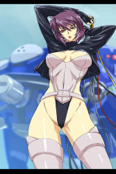 Rule 34 | 1girl, arms up, belt, black gloves, black jacket, blurry, breasts, breasts apart, cable, cameltoe, center opening, cleavage, covered navel, cowboy shot, crop top, cropped jacket, cyborg, depth of field, fingerless gloves, from below, ghost in the shell, ghost in the shell stand alone complex, gloves, groin, hair between eyes, highleg, highleg leotard, jacket, kusanagi motoko, legs apart, leotard, letterboxed, lipstick, long sleeves, looking at viewer, looking down, makeup, mecha, medium breasts, michael f91, open clothes, open jacket, parted lips, purple hair, red eyes, robot, short hair, solo, standing, strapless, strapless leotard, tachikoma, thighhighs, turtleneck