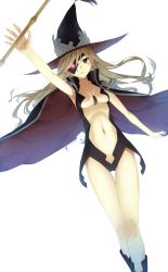 Rule 34 | 1girl, blonde hair, breasts, cape, cleavage, green eyes, hat, highres, long hair, navel, othinus, outstretched arm, seirei911, solo, thigh gap, toaru majutsu no index, toaru majutsu no index: new testament, witch hat