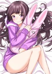 Rule 34 | 1girl, ass, bad id, bad pixiv id, bed sheet, blush, brown hair, closed mouth, commentary request, feet out of frame, fur-trimmed hood, fur trim, highres, hood, hood down, hoodie, long hair, long sleeves, looking at viewer, lying, no pants, hugging object, on back, original, purple eyes, purple hoodie, sleeves past wrists, solo, stuffed animal, stuffed rabbit, stuffed toy, tears, tsukiman, very long hair