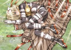 Rule 34 | 1girl, anita (growlanser), bandages, belt, blonde hair, blush, bodysuit, boots, breasts, brown eyes, chain, cleavage, coat, female focus, fetal position, full body, grass, growlanser, growlanser vi, hair ornament, holding own arm, large breasts, leotard, looking at viewer, lying, official art, outdoors, shiny clothes, short hair, solo, sunlight, urushihara satoshi