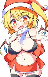 Rule 34 | 1girl, black thighhighs, blonde hair, blush, breasts, cleavage, commentary, cowboy shot, crystal, flandre scarlet, gyuta, hat, highres, large breasts, looking at viewer, navel, one side up, open mouth, red eyes, red hat, red sleeves, santa hat, scarf, simple background, solo, thighhighs, touhou, white background, white scarf, wings