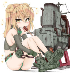 Rule 34 | 10s, 1girl, bare shoulders, blonde hair, blush, boots, bow, breasts, crop top, double bun, fingerless gloves, food, gloves, kantai collection, long hair, machinery, michishio (kancolle), mouth hold, okiraku nikku, partially visible vulva, popsicle, short shorts, shorts, sideboob, small breasts, solo, twintails, upshorts, yellow eyes