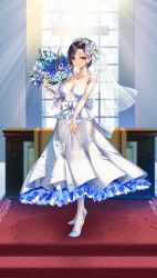 Rule 34 | 1girl, blue flower, blue rose, bouquet, bow, breasts, bridal lingerie, bridal veil, bride, church, cleavage, dress, earrings, eyes visible through hair, flower, frilled dress, frills, full body, garter straps, hair flower, hair ornament, high heels, highres, holding, holding bouquet, indoors, iris (flower), jewelry, kousaki natsu, large breasts, light rays, lingerie, long dress, looking at viewer, medium hair, necklace, original, panties, parted bangs, purple eyes, purple hair, ring, rose, see-through, see-through sleeves, shoes, smile, solo, stairs, standing, underboob, underwear, veil, wedding, wedding dress, white bow, white dress, white flower, white footwear, white panties