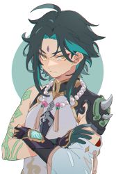 Rule 34 | 1boy, arm tattoo, armor, asymmetrical clothes, bead necklace, beads, black hair, closed mouth, facial mark, forehead mark, genshin impact, gloves, green hair, highres, jewelry, kkaags, looking at viewer, male focus, multicolored hair, multiple tails, necklace, shoulder armor, simple background, solo, tail, tassel, tattoo, two tails, upper body, vision (genshin impact), xiao (genshin impact), yellow eyes