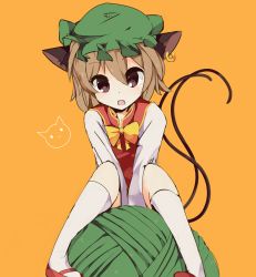 Rule 34 | 1girl, :o, animal ears, bow, brown hair, cat, cat ears, cat tail, chen, cross-eyed, dress, earrings, fang, hat, jewelry, long sleeves, looking at viewer, mary janes, mob cap, multiple tails, nekomata, red footwear, sakaki (utigi), shoes, sitting, sitting on object, solo, tail, touhou, two tails, yarn, yarn ball