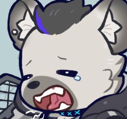 1boy arknights close-up closed_eyes commentary ear_piercing english_commentary fangs furry furry_male hood hood_down hyena_boy hyena_ears infection_monitor_(arknights) lowres male_focus multicolored_hair open_mouth piercing sharktuna spot_(arknights) streaked_hair tearing_up yawning